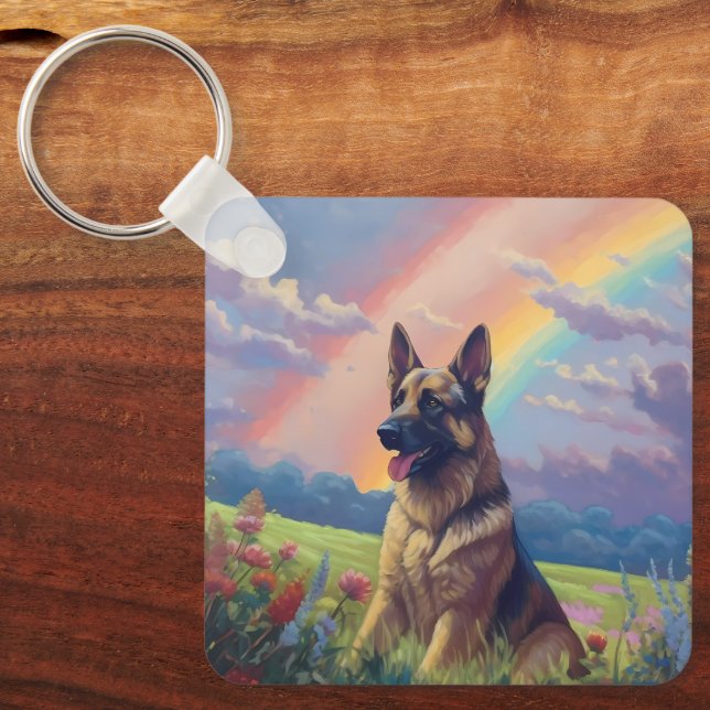 German Shepherd Memorial Custom Dog Name Rainbow Keychain (Front)