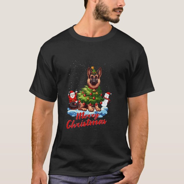 German Shepherd Merry Christmas Tree Lights Dog X  T-Shirt (Front)