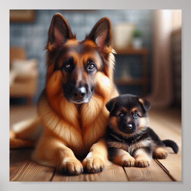 German Shepherd mom and her puppy Poster (Front)