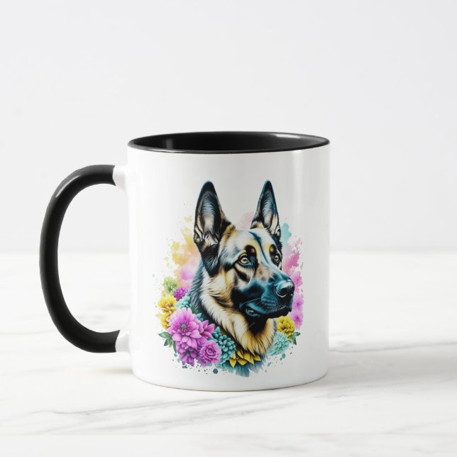German Shepherd Mom Pink and Yellow Flowers Mug (Left)