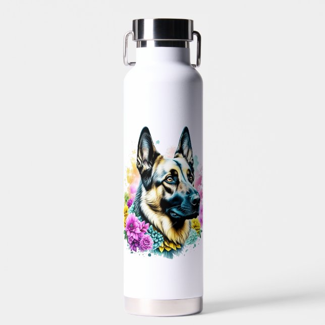 German Shepherd Mom Pink and Yellow Flowers Water Bottle (Front)