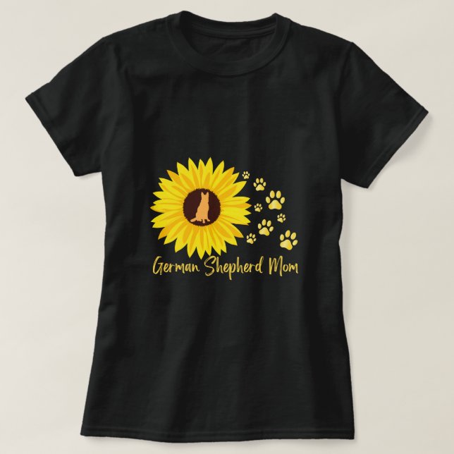 German Shepherd Mom with Sunflower and Paw Prints T-Shirt (Design Front)
