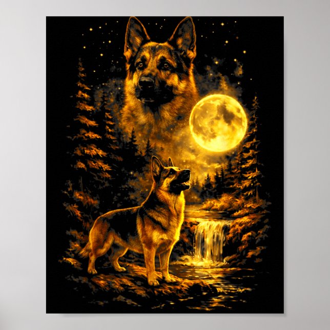 German Shepherd Moonlit Night Art Dog Howling At T Poster (Front)