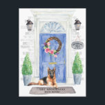 German Shepherd Moving Announcement Postcard<br><div class="desc">Announce your new address with our stylish announcement featuring a German Shepherd,  blue front door,  welcome mat,  slate sign,  topiaries and a floral wreath set on a gray brick background.</div>