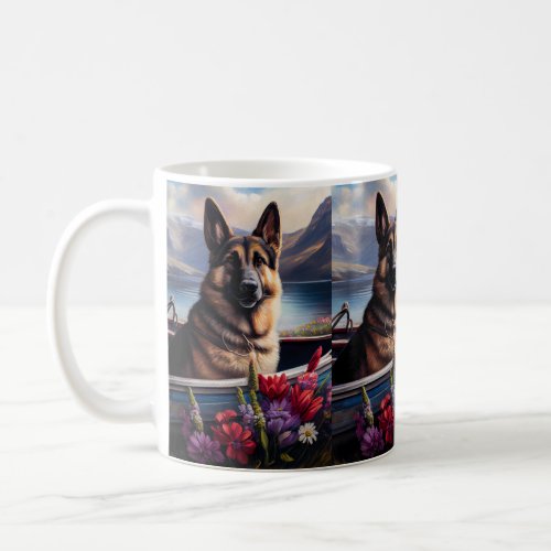 German Shepherd on a Paddle A Scenic Adventure Coffee Mug