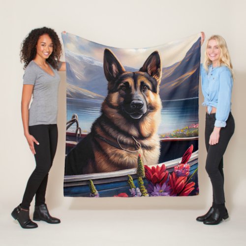 German Shepherd on a Paddle A Scenic Adventure Fleece Blanket