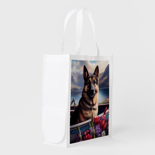 German Shepherd on a Paddle A Scenic Adventure  Grocery Bag