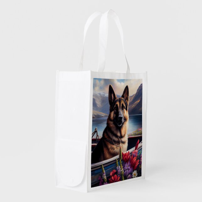 German Shepherd on a Paddle: A Scenic Adventure  Grocery Bag (Front Side)
