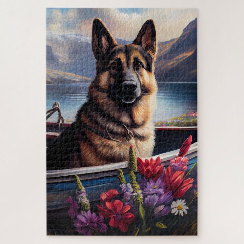 German Shepherd on a Paddle A Scenic Adventure Jigsaw Puzzle