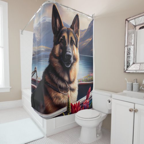 German Shepherd on a Paddle A Scenic Adventure  Shower Curtain