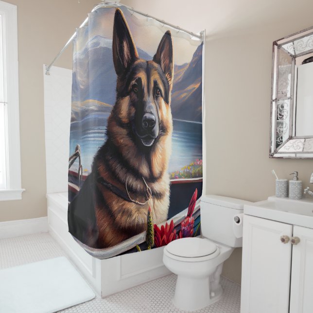 German Shepherd on a Paddle: A Scenic Adventure  Shower Curtain (In Situ)