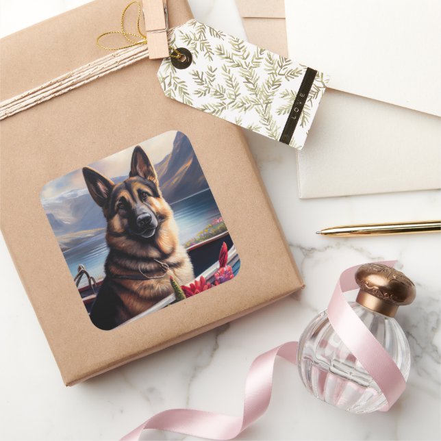 German Shepherd on a Paddle: A Scenic Adventure Square Sticker (Gifting)