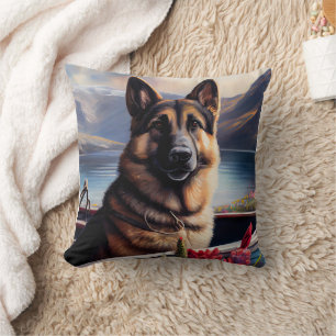 German Shepherd on a Paddle: A Scenic Adventure  Throw Pillow