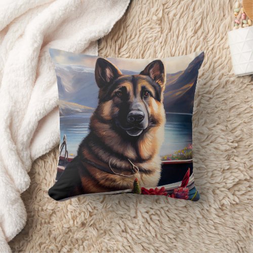 German Shepherd on a Paddle A Scenic Adventure  Throw Pillow