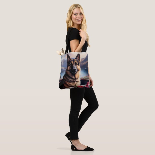 German Shepherd on a Paddle: A Scenic Adventure Tote Bag (On Model)