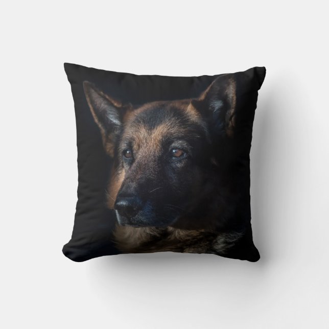 German Shepherd on black Throw Pillow (Front)