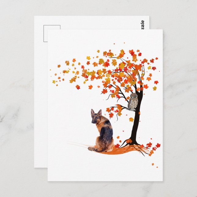 German Shepherd Owl And Fall Tree Dog Owner Autumn Postcard (Front/Back)
