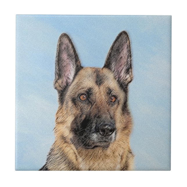 German Shepherd Painting - Cute Original Dog Art Ceramic Tile (Front)