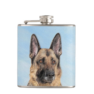 German Shepherd Painting - Cute Original Dog Art Flask