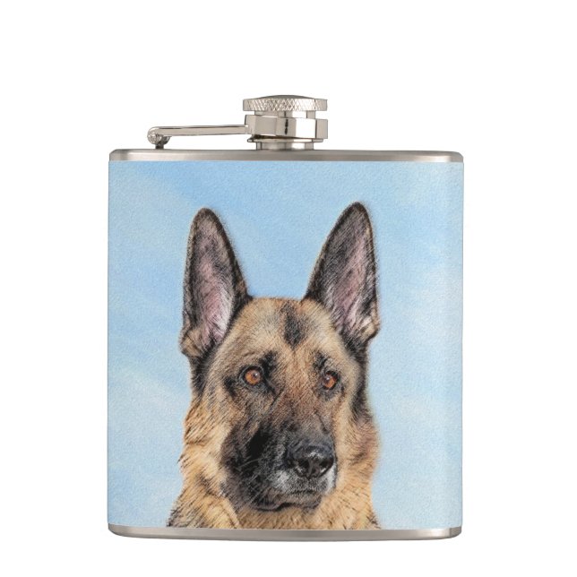 German Shepherd Painting - Cute Original Dog Art Flask (Front)