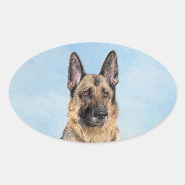 German Shepherd Painting - Cute Original Dog Art Oval Sticker (Front)