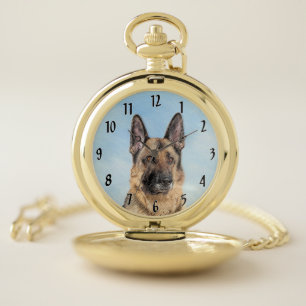 German Shepherd Painting - Cute Original Dog Art Pocket Watch