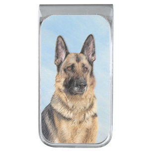 German Shepherd Painting - Cute Original Dog Art Silver Finish Money Clip