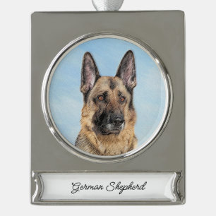 German Shepherd Painting - Cute Original Dog Art Silver Plated Banner Ornament