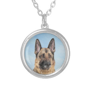 German Shepherd Painting - Cute Original Dog Art Silver Plated Necklace