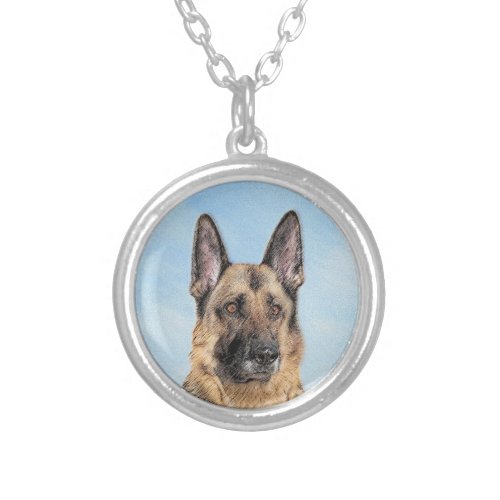 German Shepherd Painting _ Cute Original Dog Art Silver Plated Necklace