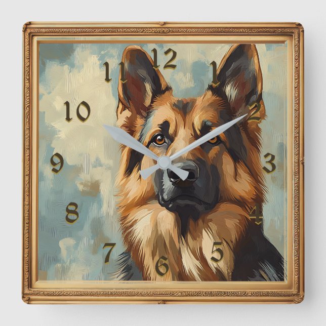 German Shepherd Painting Look Square Wall Clock (Front)