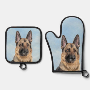 German Shepherd Painting Tan Cute Original Dog Art Oven Mitt & Pot Holder Set