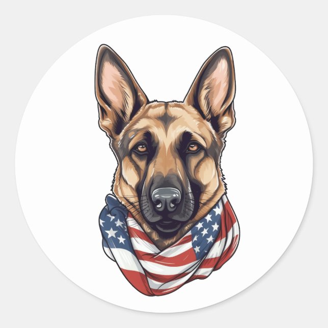 German Shepherd Patriotic American Flag Dog  Classic Round Sticker (Front)