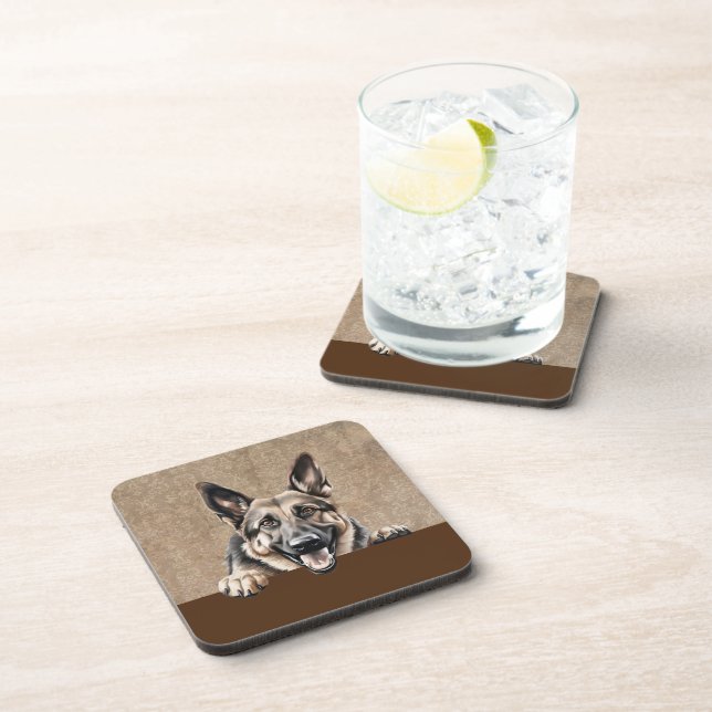 German Shepherd Peeking Puppy Dog Pet Beverage Coaster (Right Side)