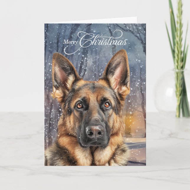 German Shepherd Pine Winter Forest Christmas Holiday Card (Front)