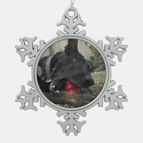 German Shepherd Playing With Dog Toy Snowflake Pewter Christmas Ornament