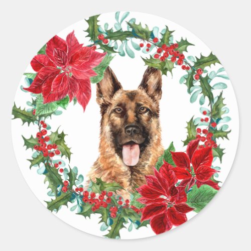 German Shepherd Poinsettia Holly Christmas Wreath Classic Round Sticker