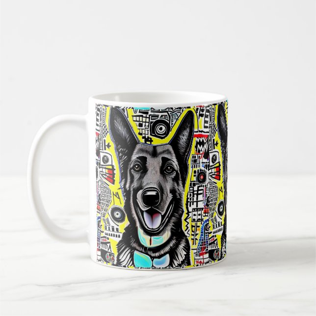 German Shepherd Pop Art with GSD, Yellow Red Blue Coffee Mug (Left)