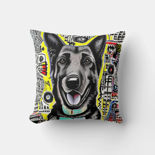 German Shepherd Pop Art with GSD, Yellow Red Blue  Throw Pillow