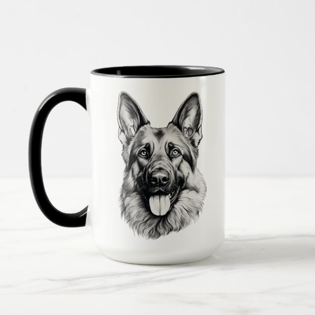 German Shepherd Portrait Black Accent Mug | B&W (Left)