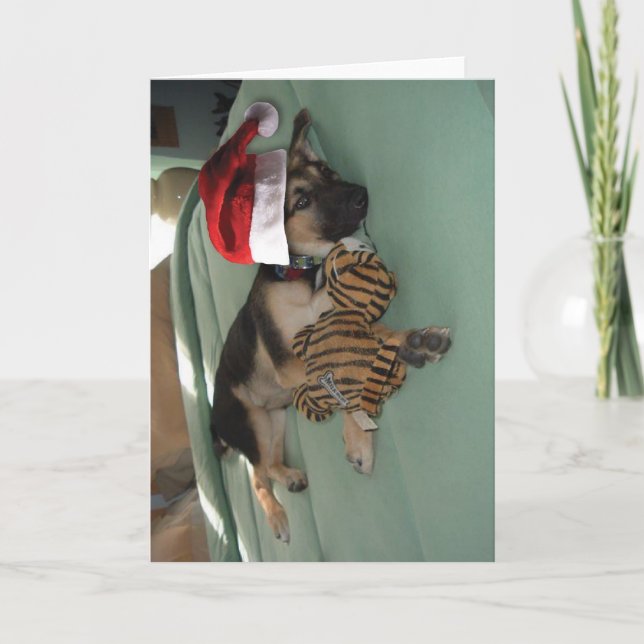 German Shepherd Pup with Santa Hat Holiday Card (Front)