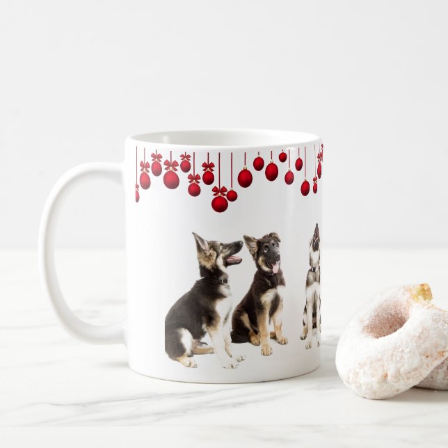 German Shepherd Puppies and Red Ornaments Coffee Mug (With Donut)