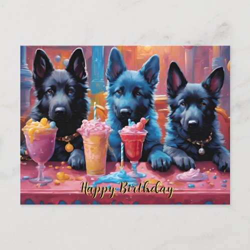 German Shepherd Puppies N Milkshakes Birthday Postcard