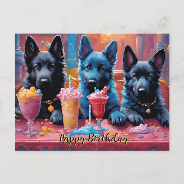 German Shepherd Puppies N Milkshakes Birthday Postcard (Front)