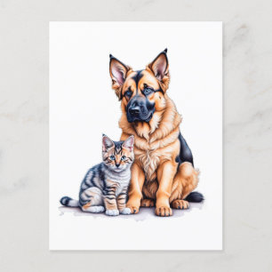 German Shepherd Puppy And Maincoon Kitten Postcard
