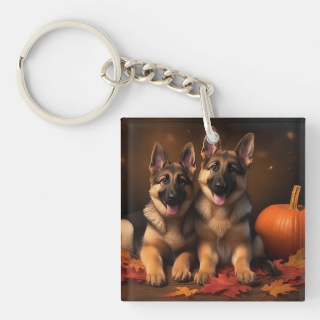 German Shepherd Puppy Autumn Delight Pumpkin  Keychain (Front)