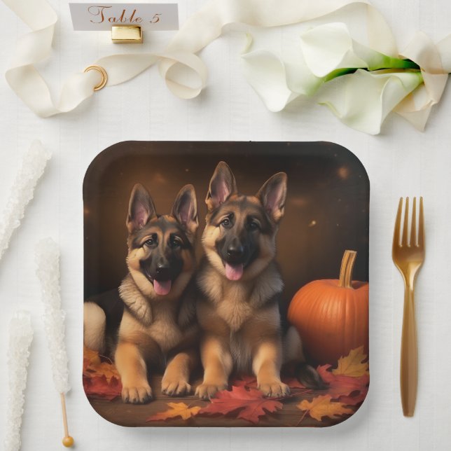 German Shepherd Puppy Autumn Delight Pumpkin  Paper Plates (Wedding)