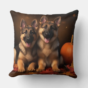 German Shepherd Puppy Autumn Delight Pumpkin  Throw Pillow