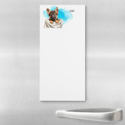 German Shepherd Puppy Blue Background Monogram Magnetic Notepad