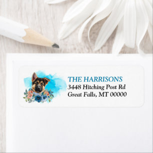 German Shepherd Puppy Blue Floral Return Address Label